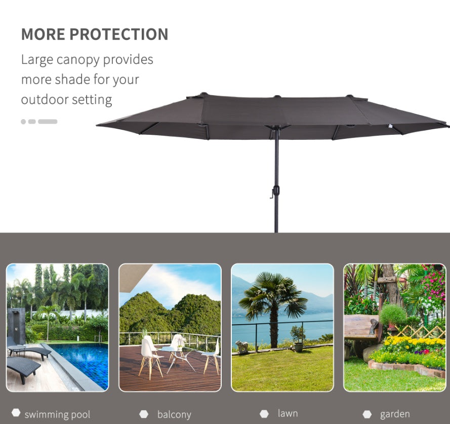 15ft Double-Sided Patio Umbrella Outdoor Market Extra Large Gray With Crank For Deck Lawn Pool