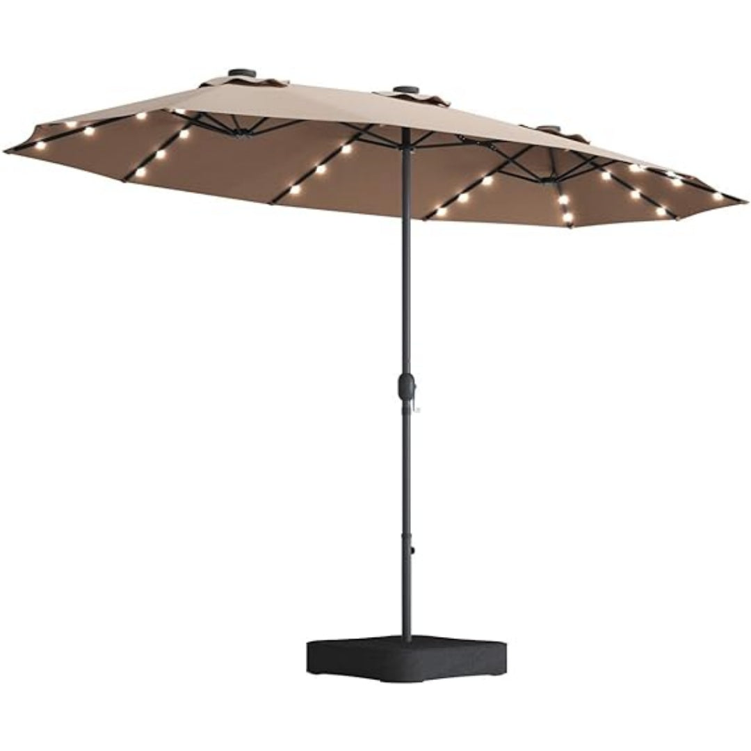 15x9ft Large Double-Sided Rectangular Outdoor Twin Patio Market Umbrella With Light And Base- Taupe