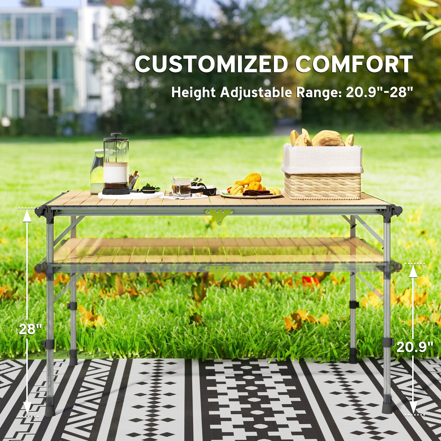 Folding Camping Table, Adjustable Height Aluminum Table, Portable Camping Table for Picnic, Beach, BBQ