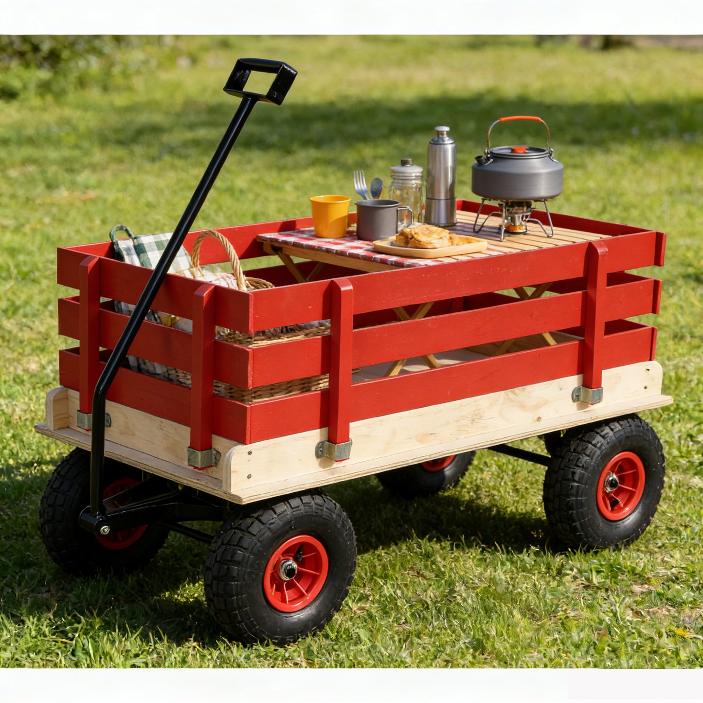 Children's And Garden Wooden Carriages, All-terrain Rubber Inflatable Wheelers, Outdoor Games, Courtyard Transportation, Picnic Supplies Red And Natural Colors