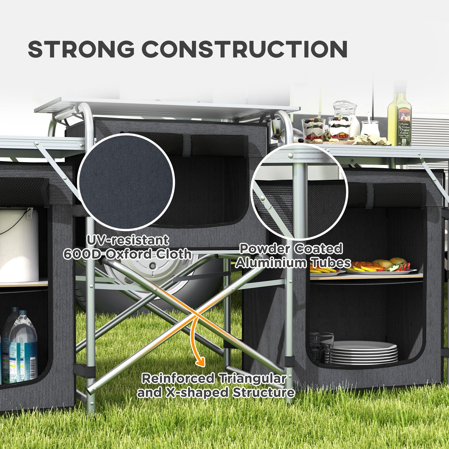 Aluminum Camping Kitchen, Portable Folding Camping Table with Fabric Cupboards, Windshield, Bag for BBQ, Picnic, Black