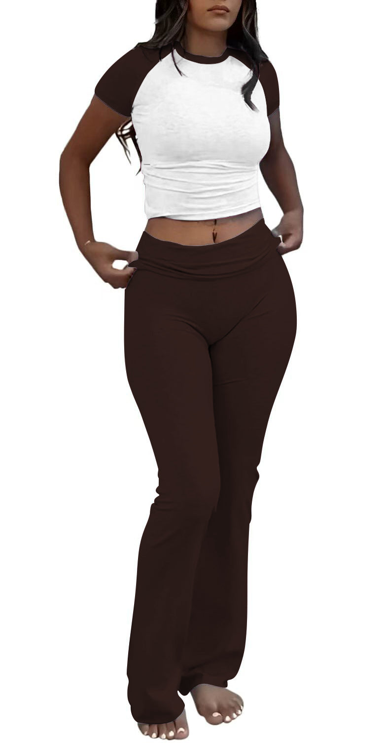 Casual Solid Color Slim Fit Two-piece Pants Set, Short Sleeved Round Neck T-shirt And Tight Flared Pants Sports Pants Clothing, Women's Clothing