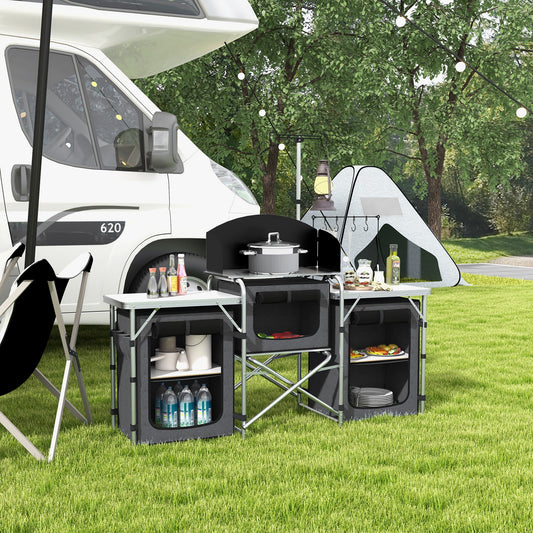 Aluminum Camping Kitchen, Portable Folding Camping Table with Fabric Cupboards, Windshield, Bag for BBQ, Picnic, Black
