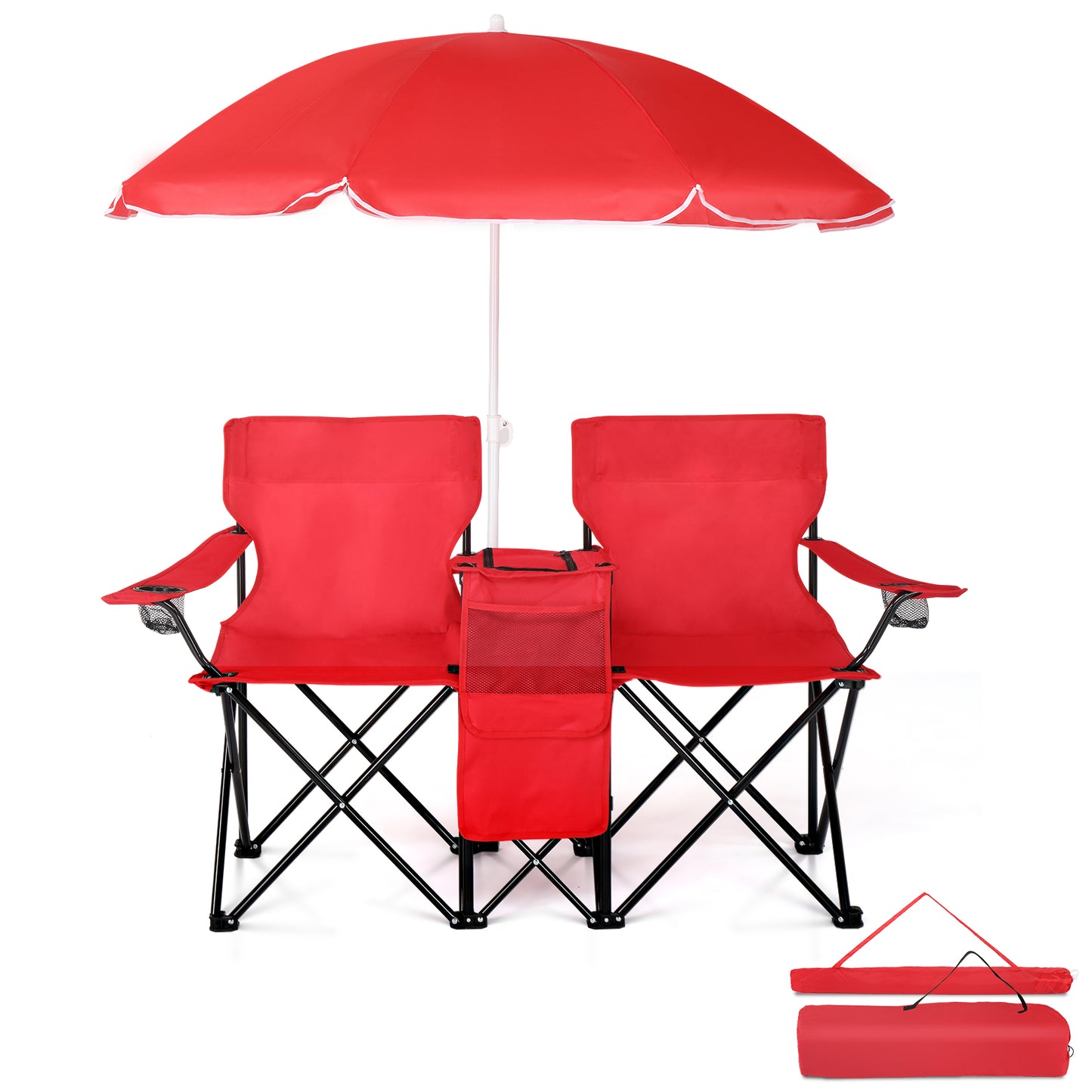 Camping Chairs, Folding Double Chair With Removable Umbrella, Cup Holders, Cooler Bag, Side Pocket & Carry Bag, For Beach, Outdoor, Sports, Concerts, Travel, Picnic