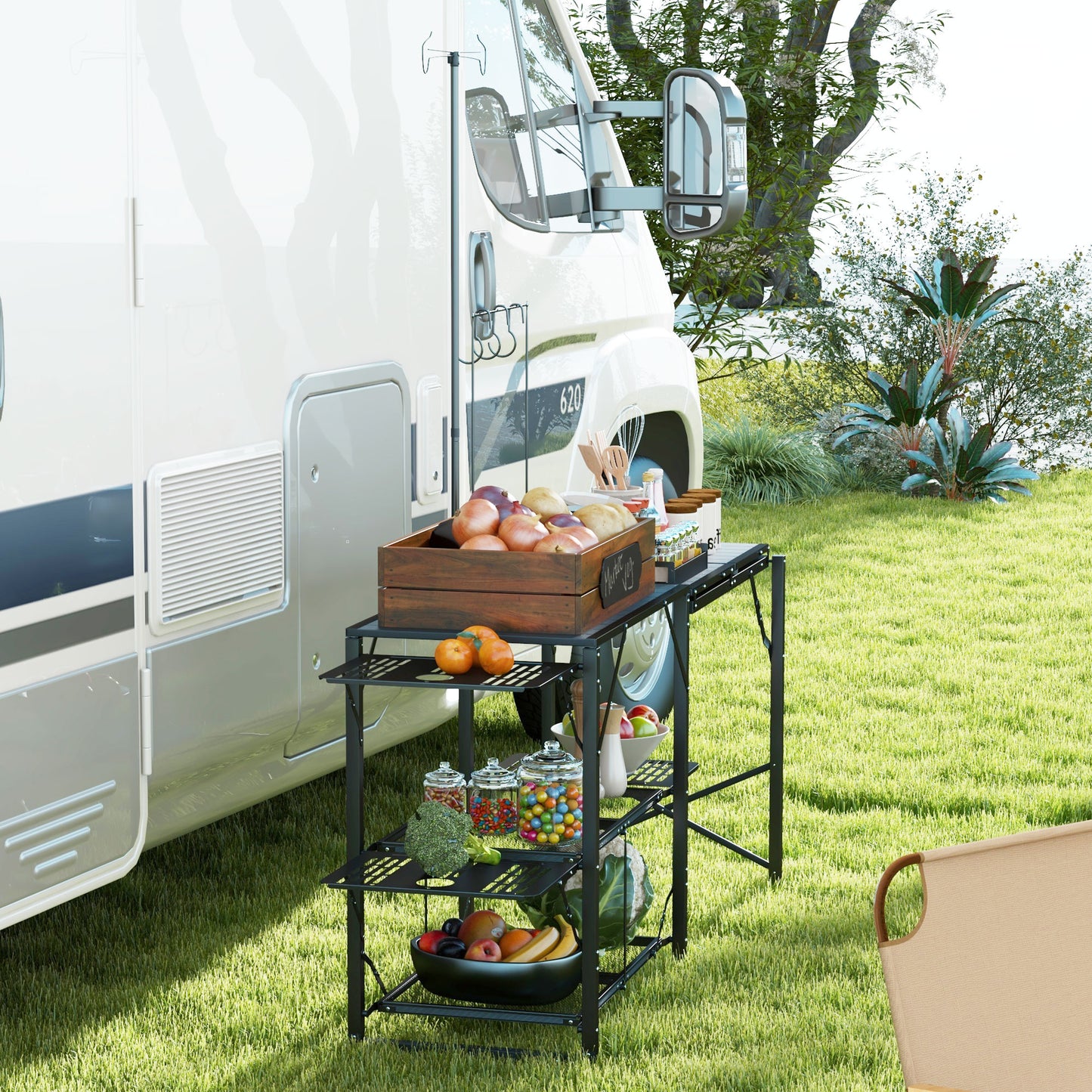 Folding Camp Kitchen, Camping Table Cooking Station with Adjustable Lamp Stand