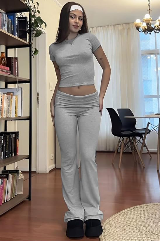 Casual Solid Color Slim Fit Two-piece Pants Set, Short Sleeved Round Neck T-shirt And Tight Flared Pants Sports Pants Clothing, Women's Clothing
