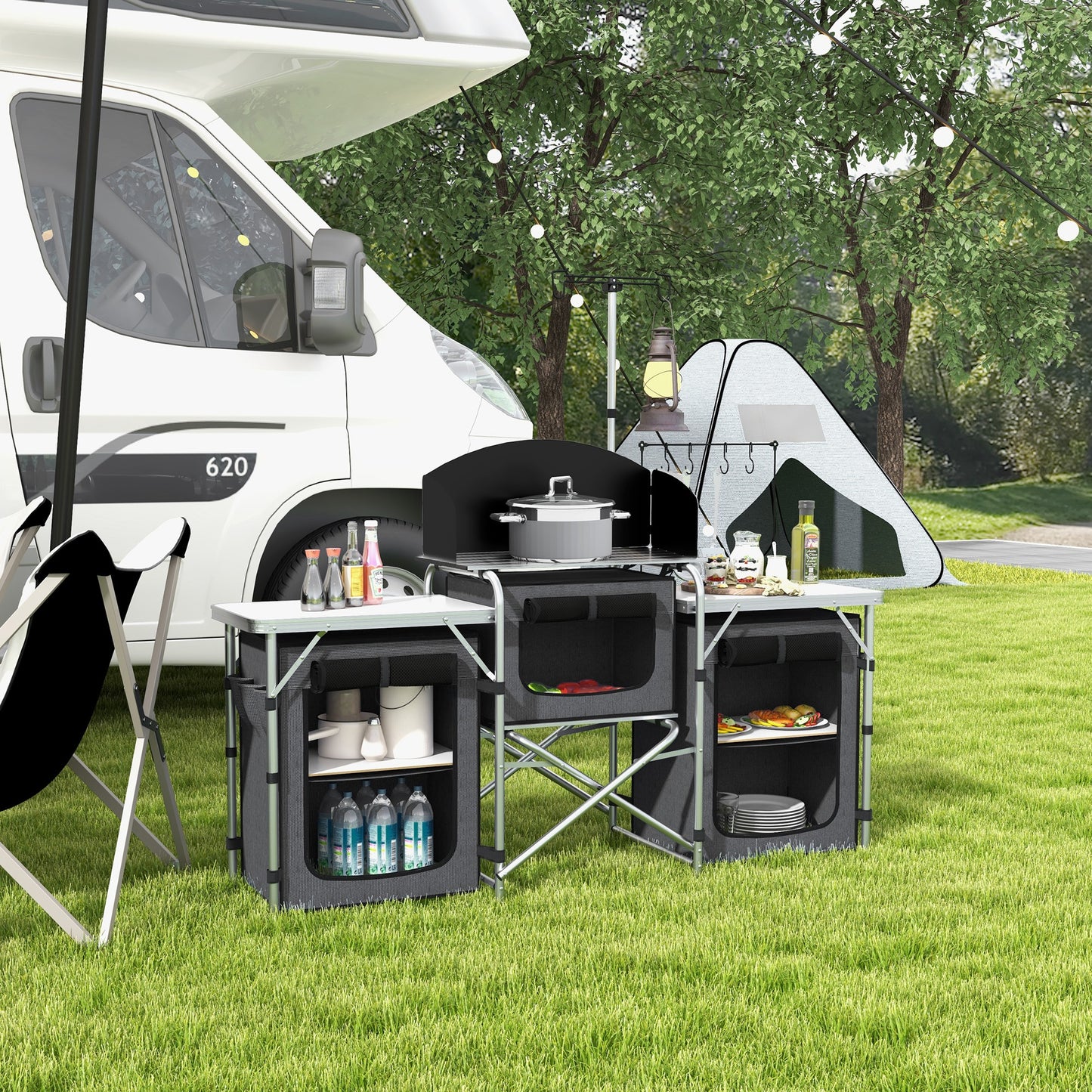Aluminum Camping Kitchen, Portable Folding Camping Table with Fabric Cupboards, Windshield, Bag for BBQ, Picnic, Black