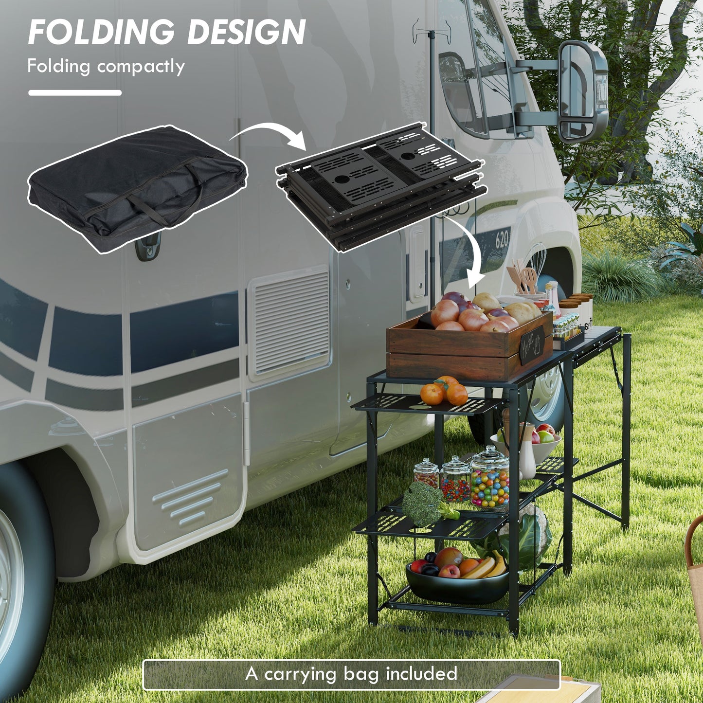 Folding Camp Kitchen, Camping Table Cooking Station with Adjustable Lamp Stand