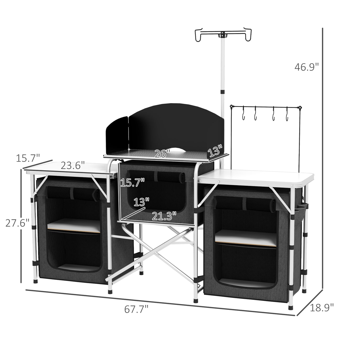 Aluminum Camping Kitchen, Portable Folding Camping Table with Fabric Cupboards, Windshield, Bag for BBQ, Picnic, Black