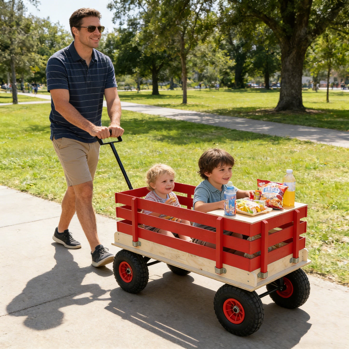 Children's And Garden Wooden Carriages, All-terrain Rubber Inflatable Wheelers, Outdoor Games, Courtyard Transportation, Picnic Supplies Red And Natural Colors