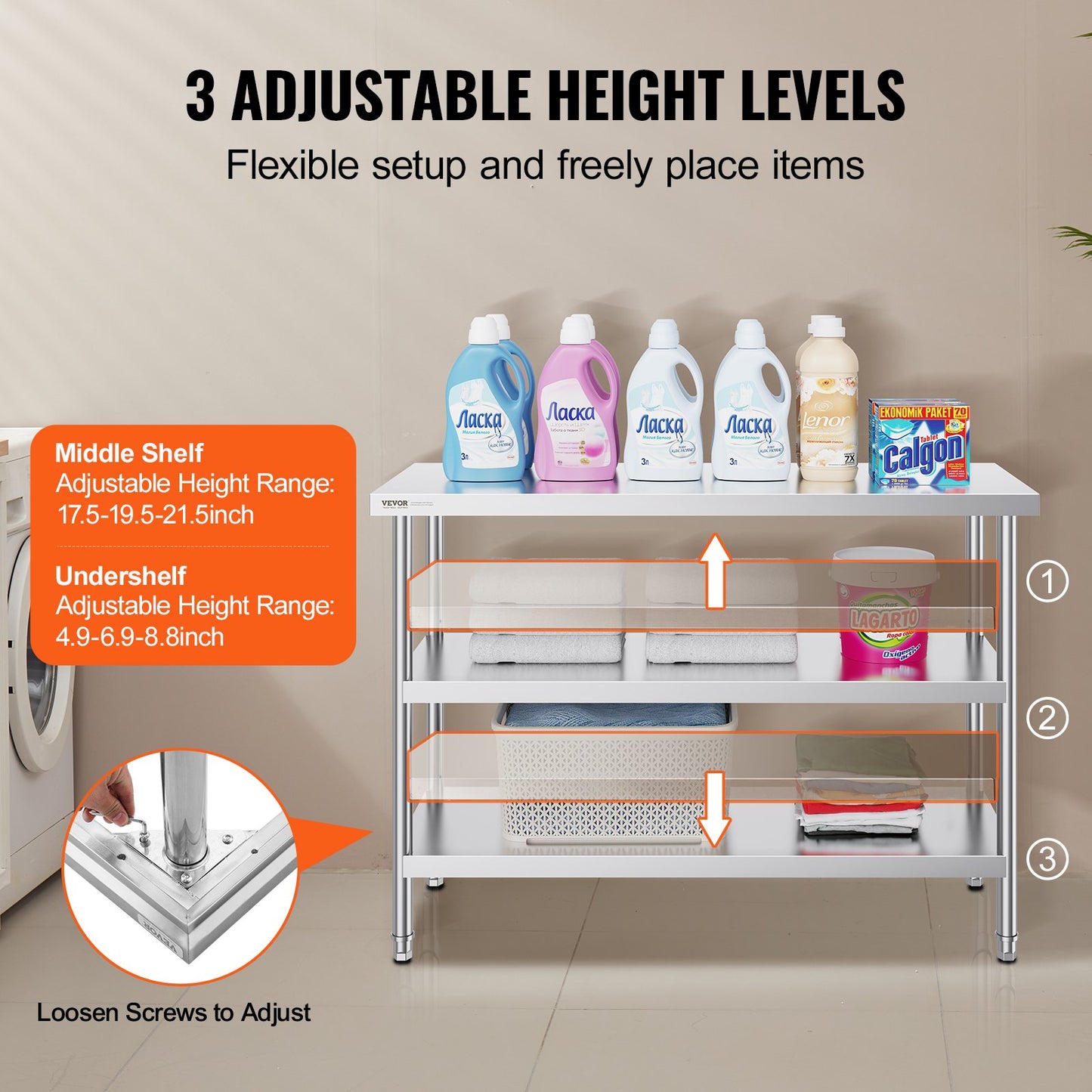 Stainless Steel Food Prep Table, 18 X 48 X 34 Inch Commercial Kitchen Worktable, With 2 Adjustable Undershelf, Heavy Duty Prep Table Metal Work Table For BBQ, Kitchen, Home, And Garage