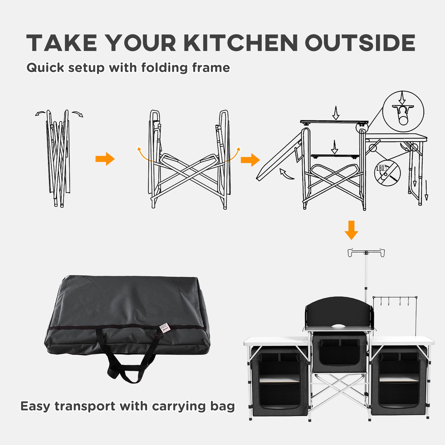 Aluminum Camping Kitchen, Portable Folding Camping Table with Fabric Cupboards, Windshield, Bag for BBQ, Picnic, Black