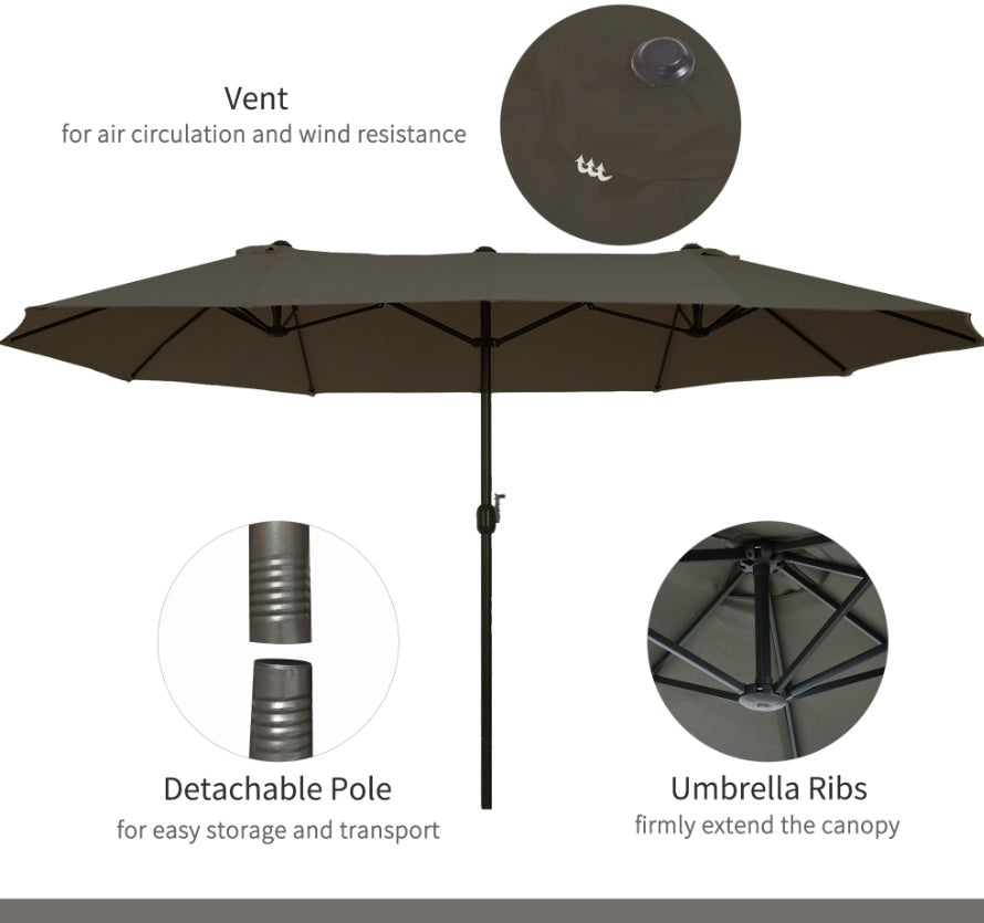 15ft Double-Sided Patio Umbrella Outdoor Market Extra Large Gray With Crank For Deck Lawn Pool