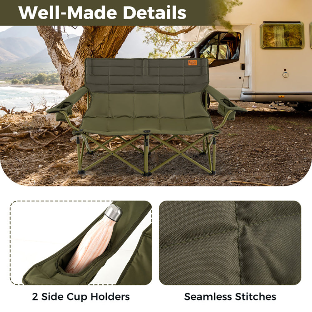 Oversized Camping Chair Folding Loveseat Camping Couch With Cup Holders & Thick Padding