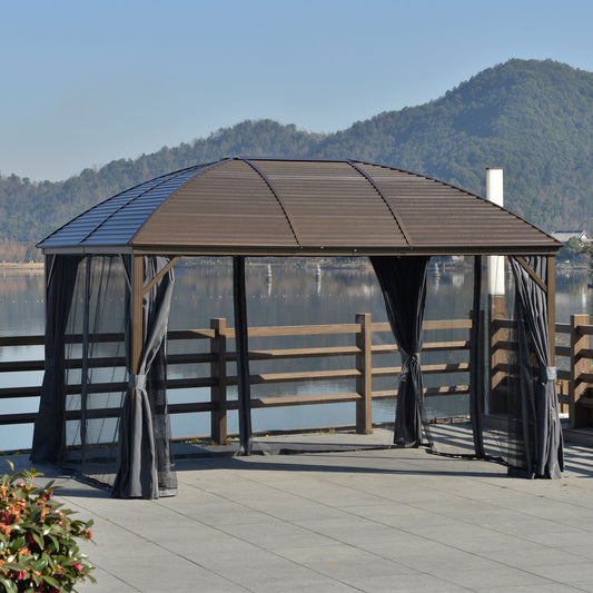 10x13 Gray Hardtop Gazebo With Steel Roof Curtains Netting Pavilion Ceiling Hook For Patio Garden