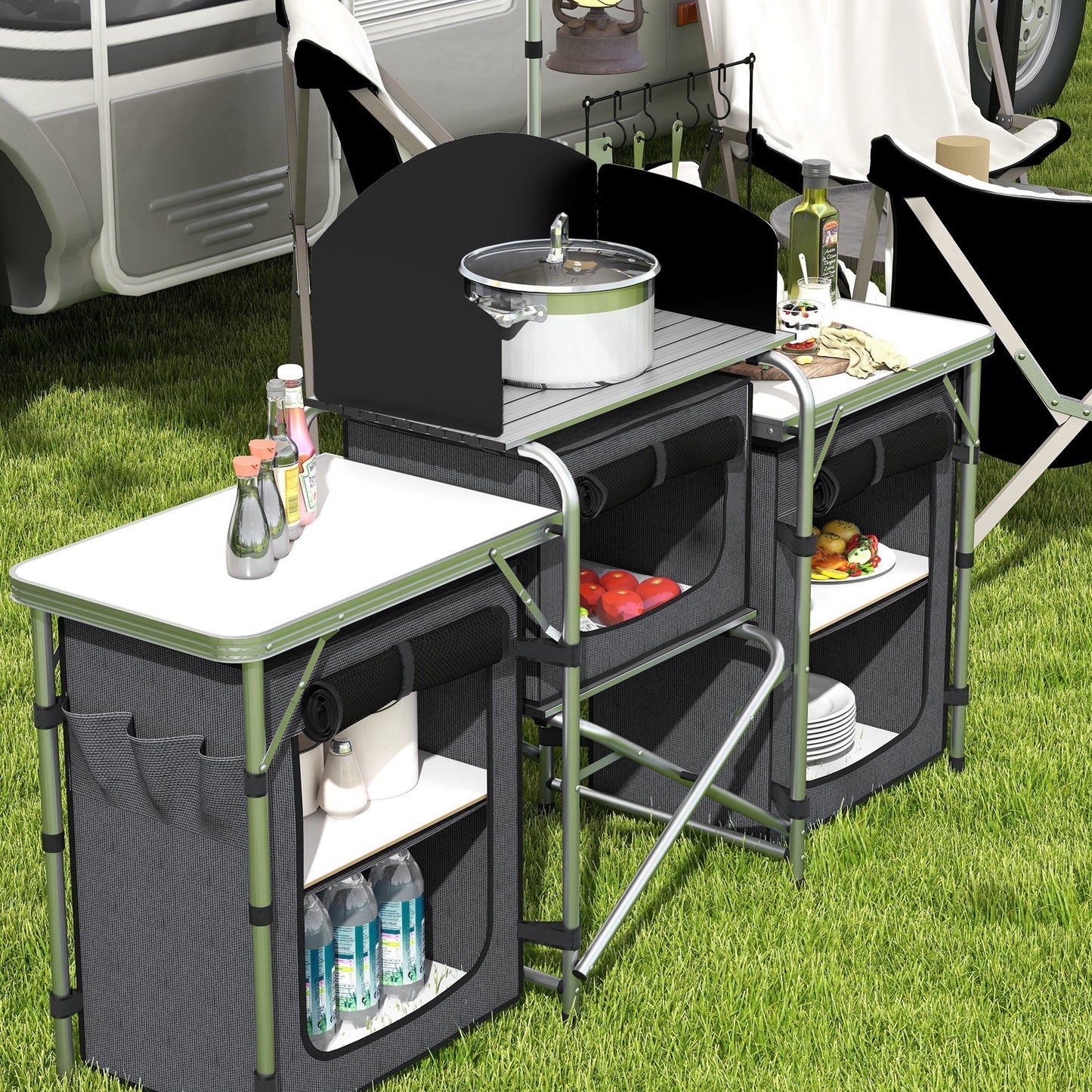 Aluminum Camping Kitchen, Portable Folding Camping Table with Fabric Cupboards, Windshield, Bag for BBQ, Picnic, Black
