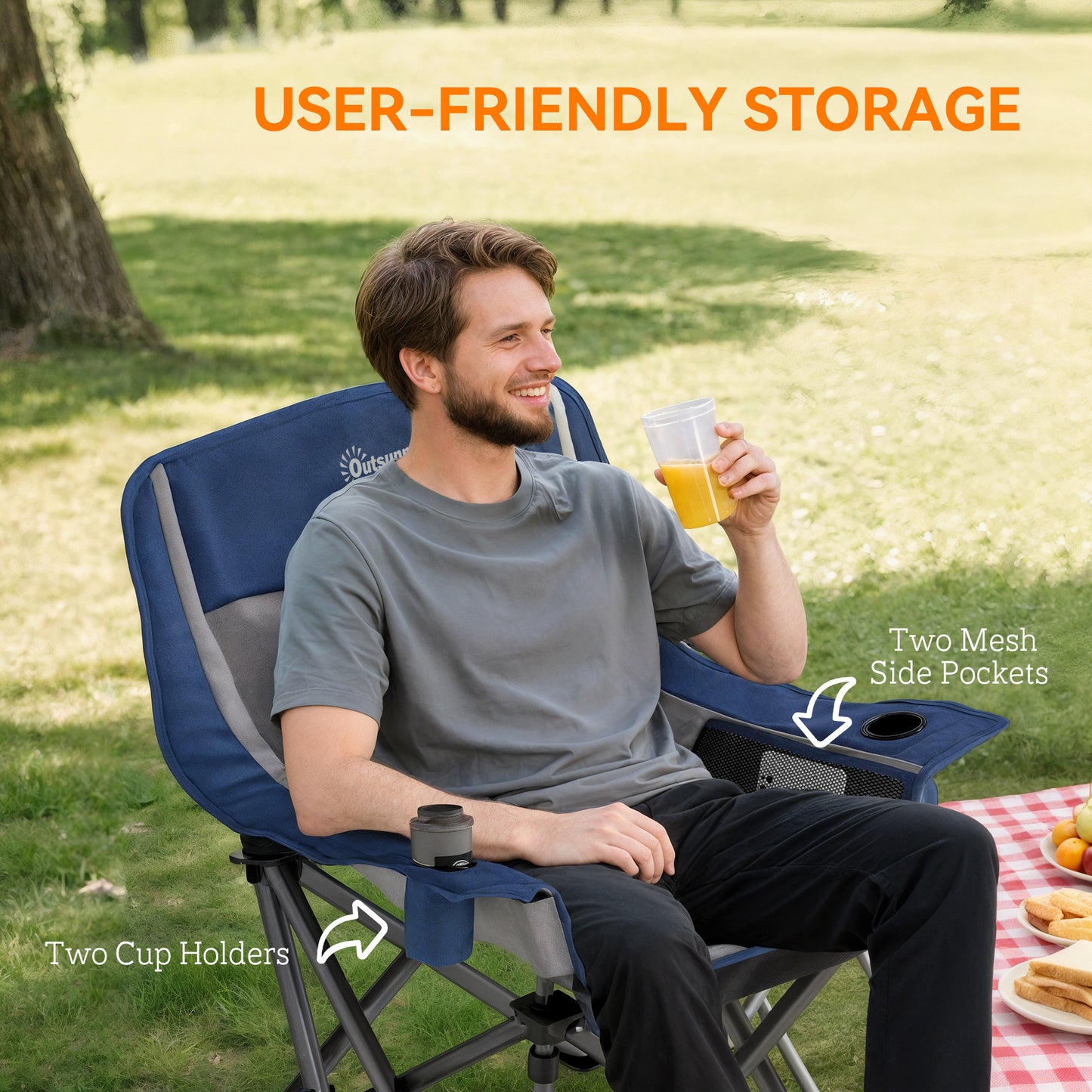 Camping Chair for Adults, Portable Folding Camping Chair with Side Pockets, Cup Holders, Carry Bag, Blue and Gray