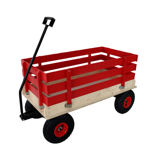 Children's And Garden Wooden Carriages, All-terrain Rubber Inflatable Wheelers, Outdoor Games, Courtyard Transportation, Picnic Supplies Red And Natural Colors
