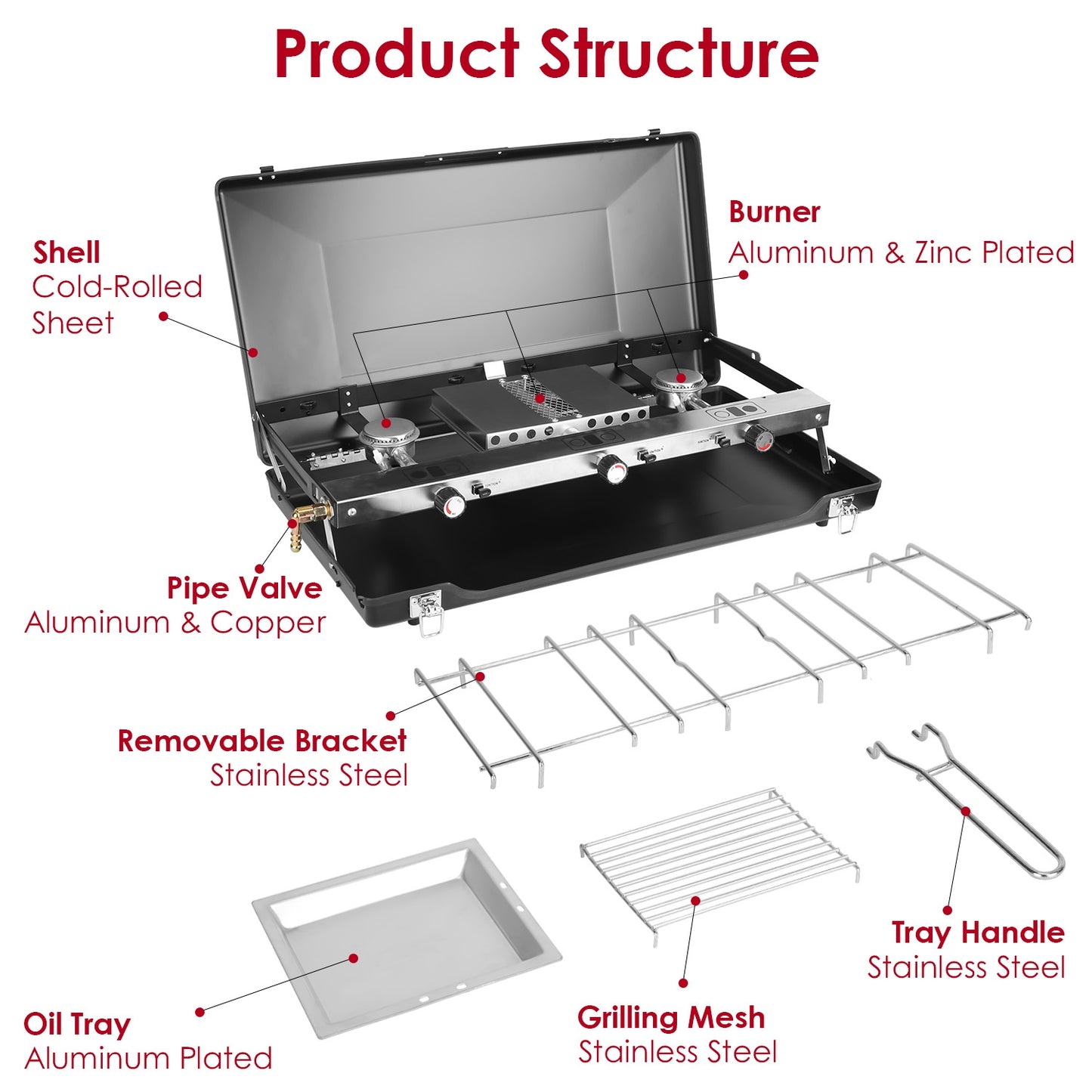 3 Burner Camping Stove 20000 BTU Portable Foldable Propane Stove With Toast Tray Windshield Portable Handle Outdoor Cooking Gas Stove For RV Camping BBQ Picnic