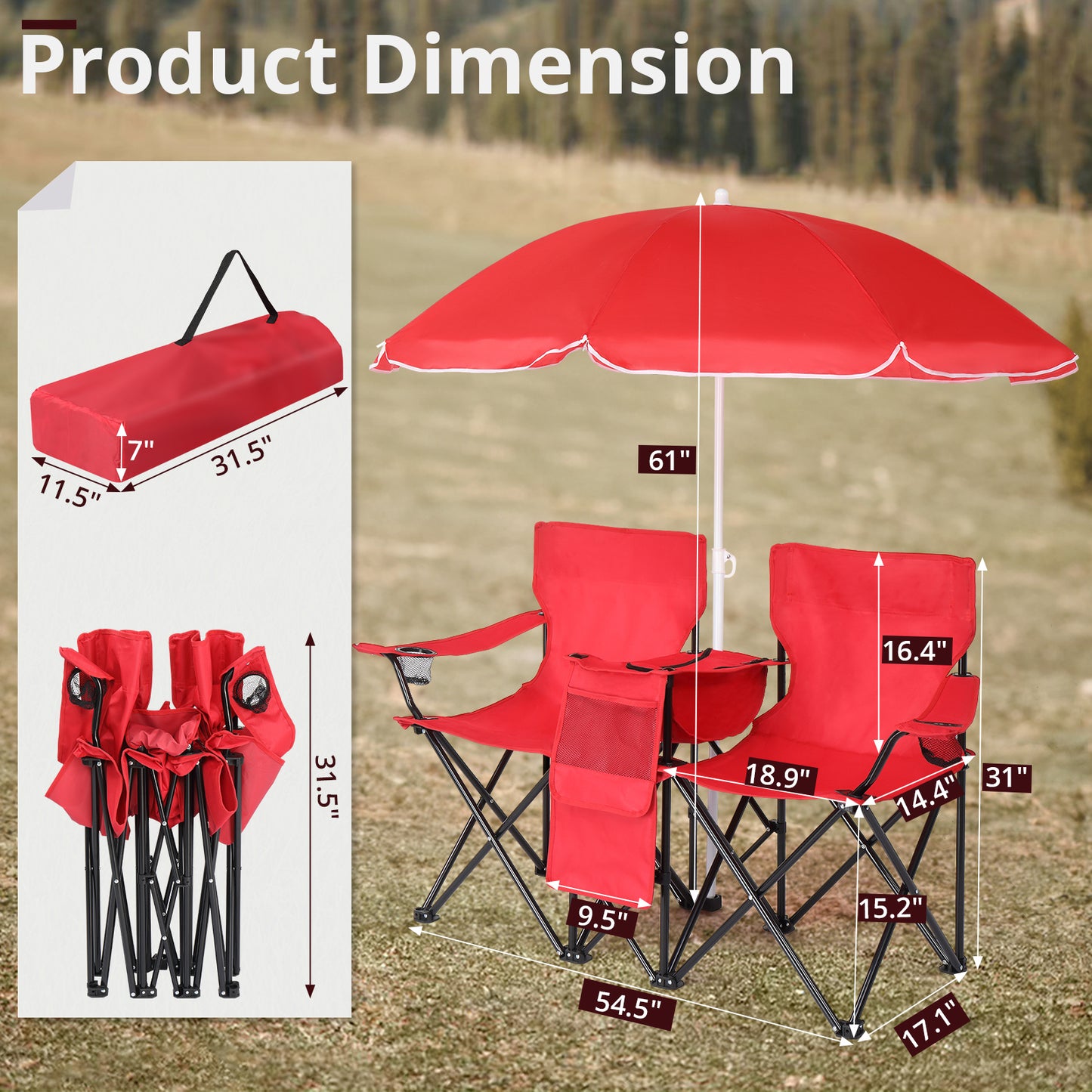Camping Chairs, Folding Double Chair With Removable Umbrella, Cup Holders, Cooler Bag, Side Pocket & Carry Bag, For Beach, Outdoor, Sports, Concerts, Travel, Picnic