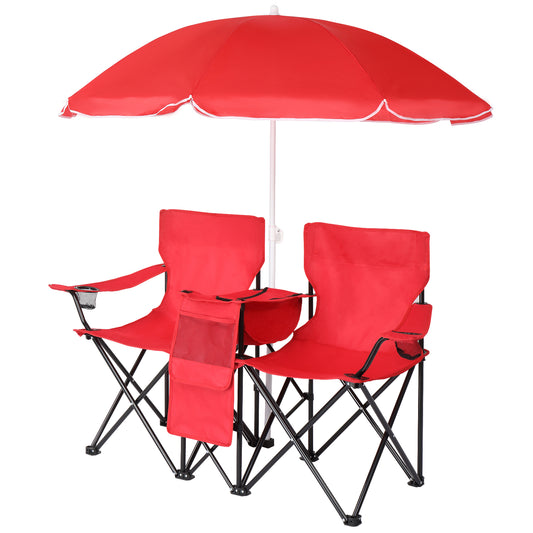 Camping Chairs, Folding Double Chair With Removable Umbrella, Cup Holders, Cooler Bag, Side Pocket & Carry Bag, For Beach, Outdoor, Sports, Concerts, Travel, Picnic