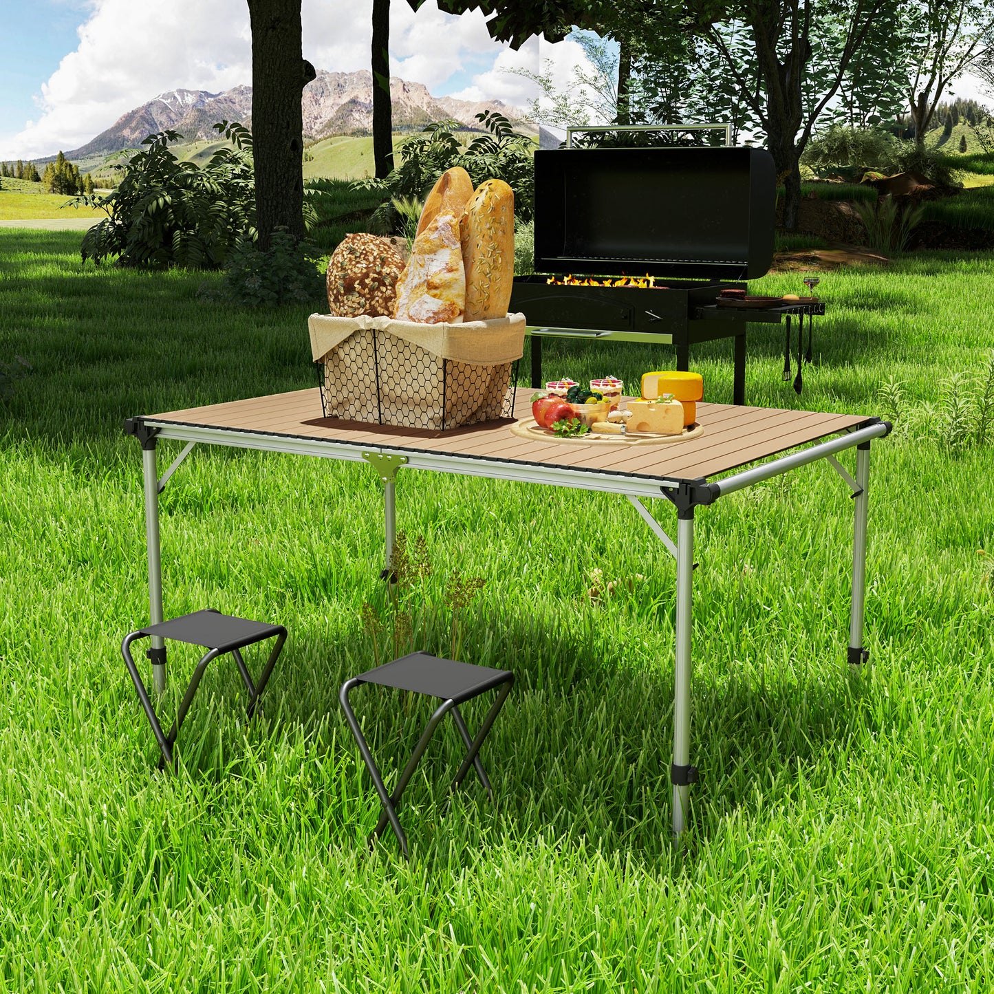 Folding Camping Table, Adjustable Height Aluminum Table, Portable Camping Table for Picnic, Beach, BBQ
