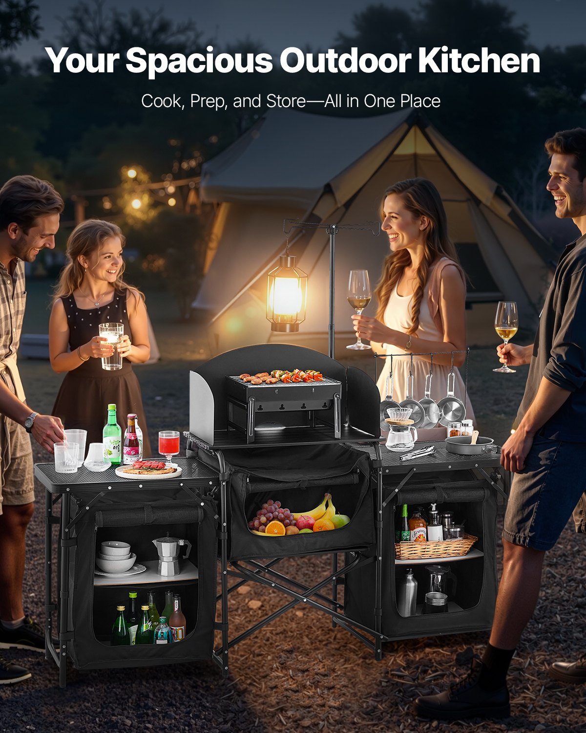 Camping Kitchen Table Portable Outdoor Cook Station Windshield Cupboard Aluminum