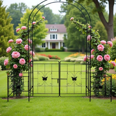 Garden Arch Arbor Trellis For Climbing Plants With Gate, Durable Metal Garden Arch Outdoor Wedding Arch, For Wedding Ceremony Party Plant Climbing Rose Vines Lawn Courtyard Patio Black, 7.15ft