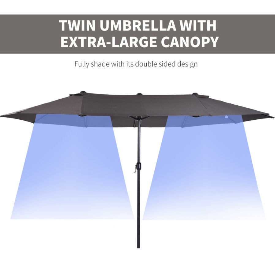 15ft Double-Sided Patio Umbrella Outdoor Market Extra Large Gray With Crank For Deck Lawn Pool