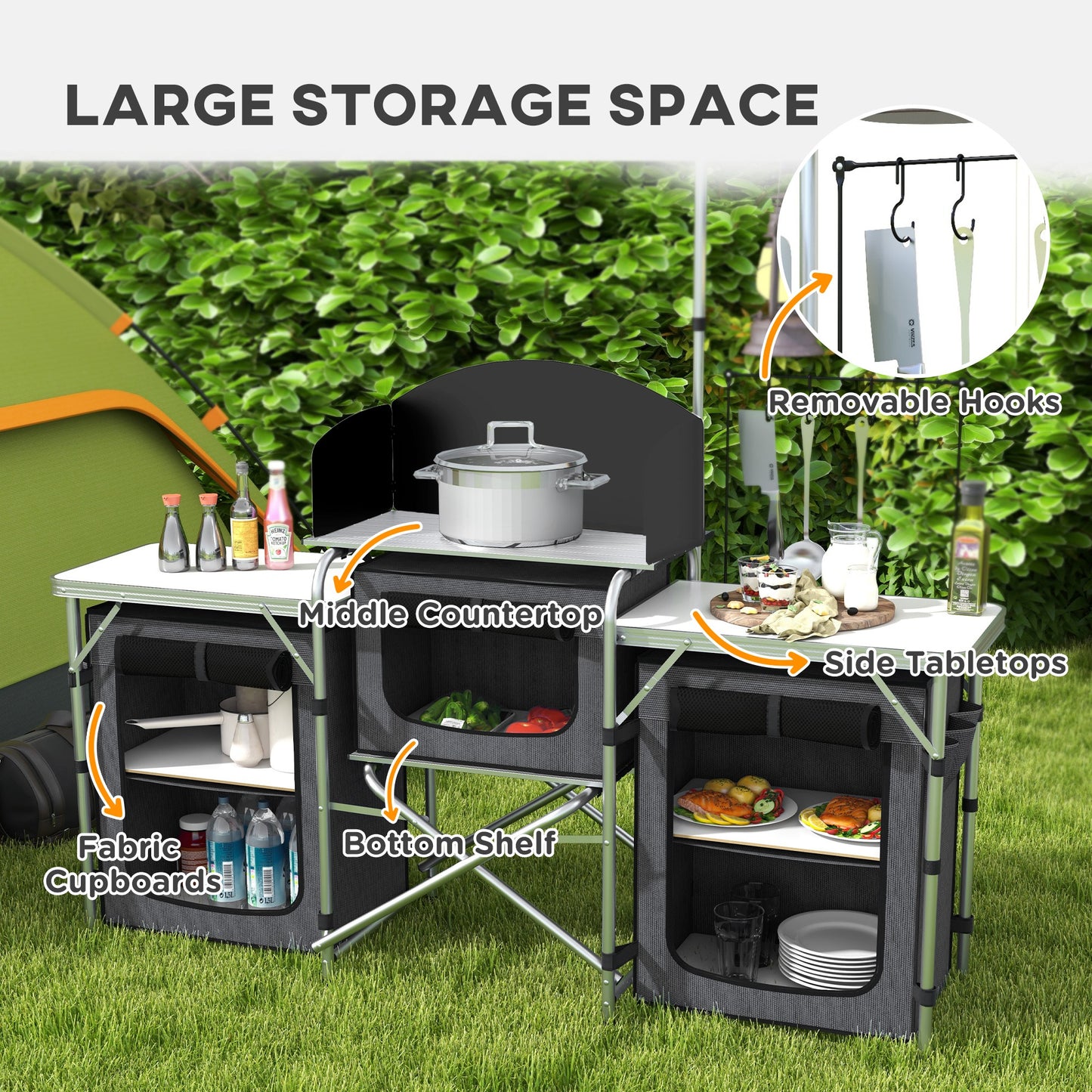 Aluminum Camping Kitchen, Portable Folding Camping Table with Fabric Cupboards, Windshield, Bag for BBQ, Picnic, Black