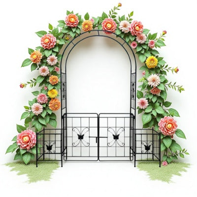 Garden Arch Arbor Trellis For Climbing Plants With Gate, Durable Metal Garden Arch Outdoor Wedding Arch, For Wedding Ceremony Party Plant Climbing Rose Vines Lawn Courtyard Patio Black, 7.15ft
