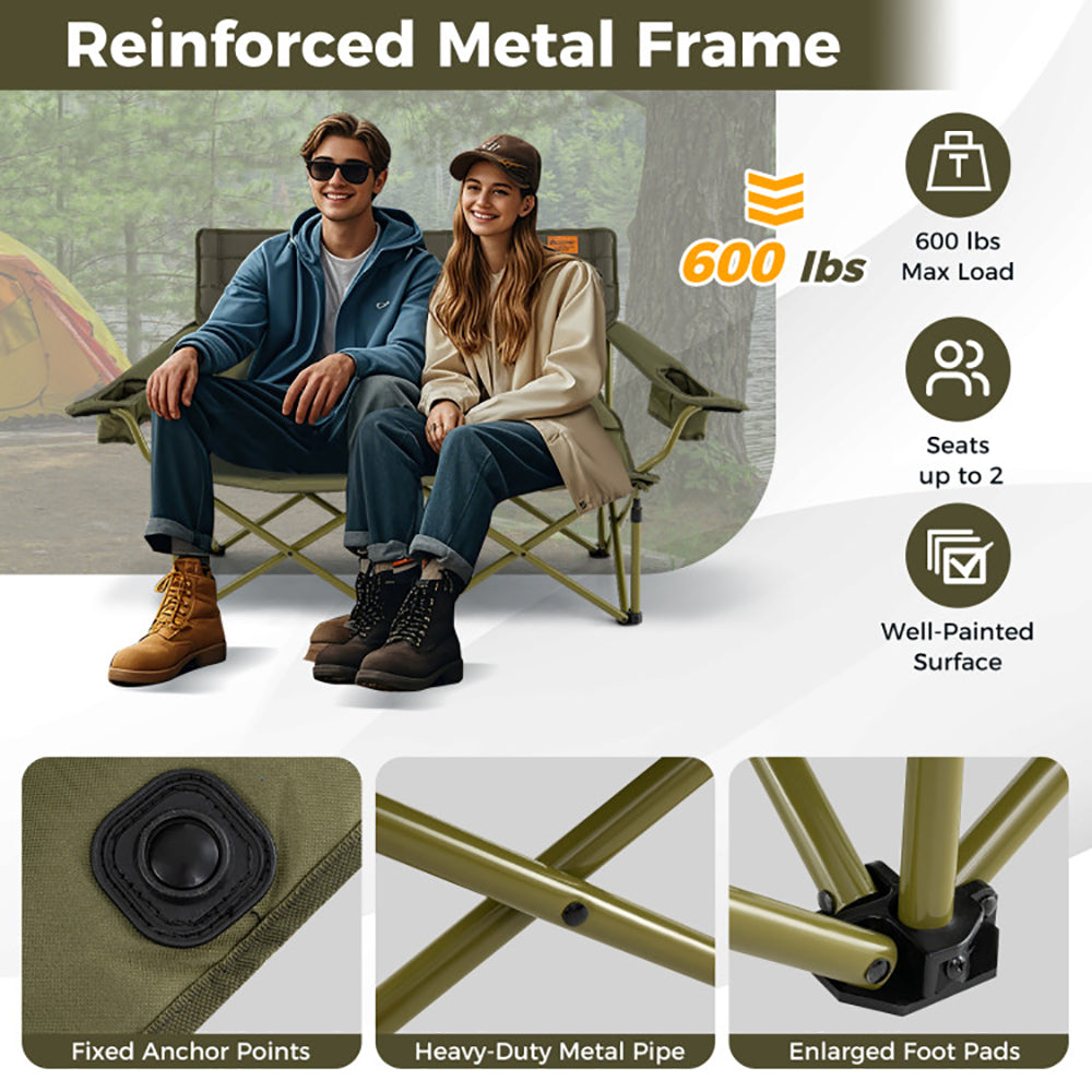 Oversized Camping Chair Folding Loveseat Camping Couch With Cup Holders & Thick Padding