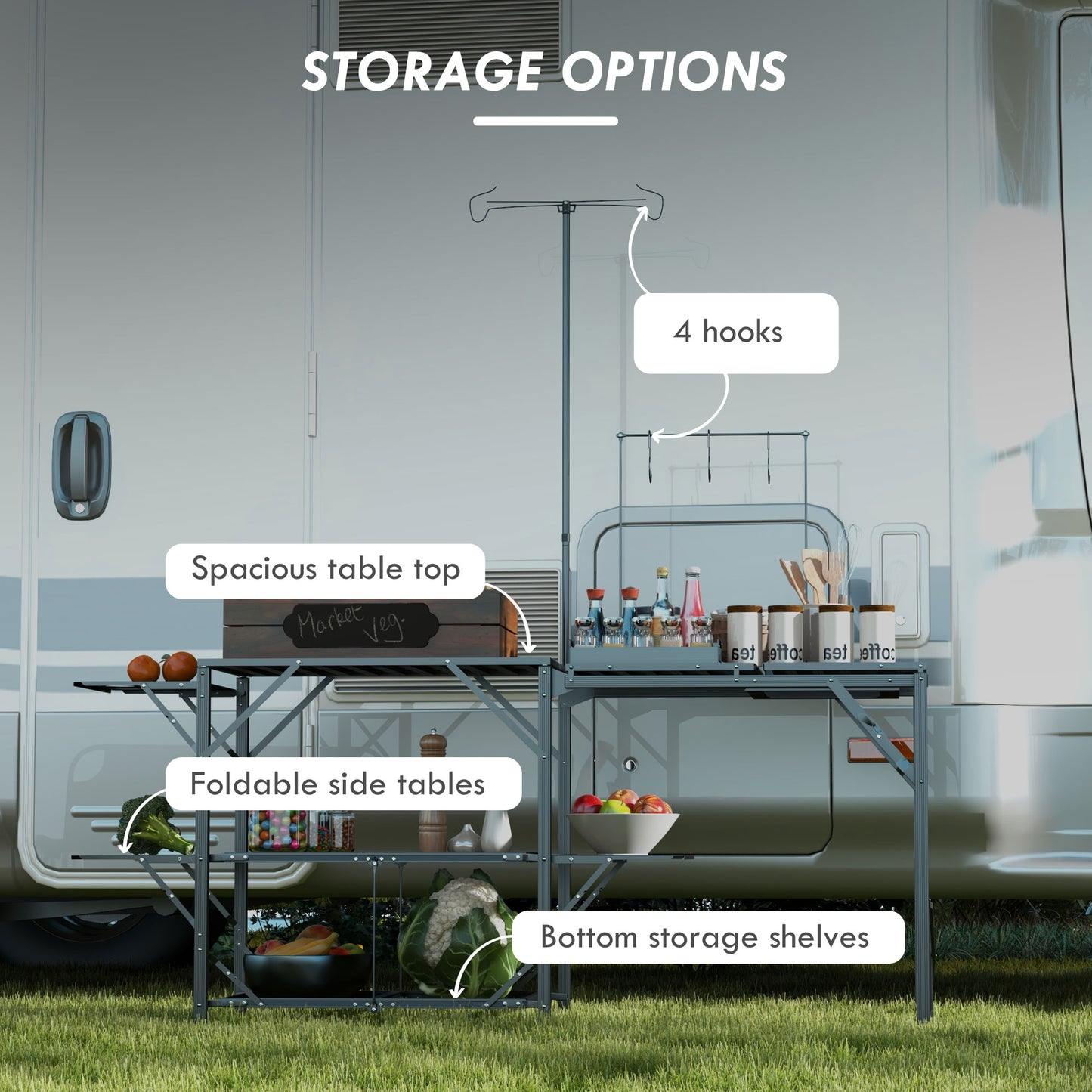 Folding Camp Kitchen, Camping Table Cooking Station with Adjustable Lamp Stand