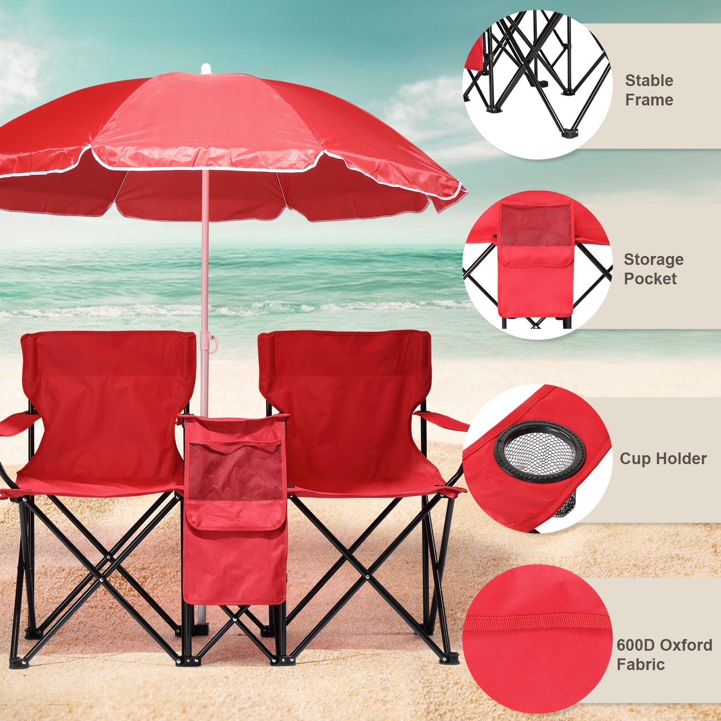 Camping Chairs, Folding Double Chair With Removable Umbrella, Cup Holders, Cooler Bag, Side Pocket & Carry Bag, For Beach, Outdoor, Sports, Concerts, Travel, Picnic
