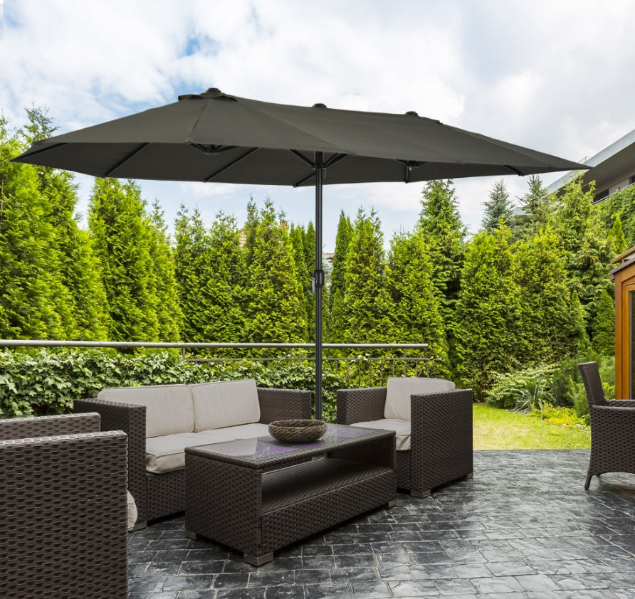 15ft Double-Sided Patio Umbrella Outdoor Market Extra Large Gray With Crank For Deck Lawn Pool