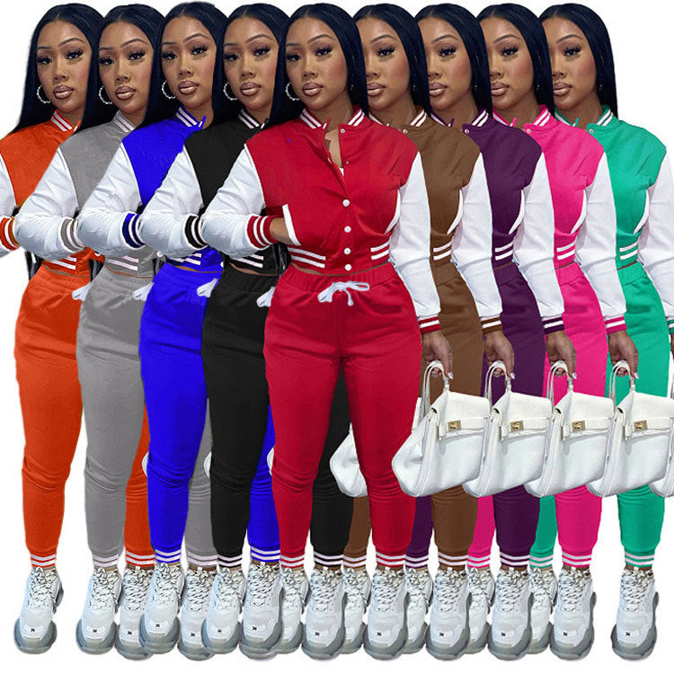 Stitching Jacket Single-breasted Baseball Set Wear Sports Two-piece Women's Clothing