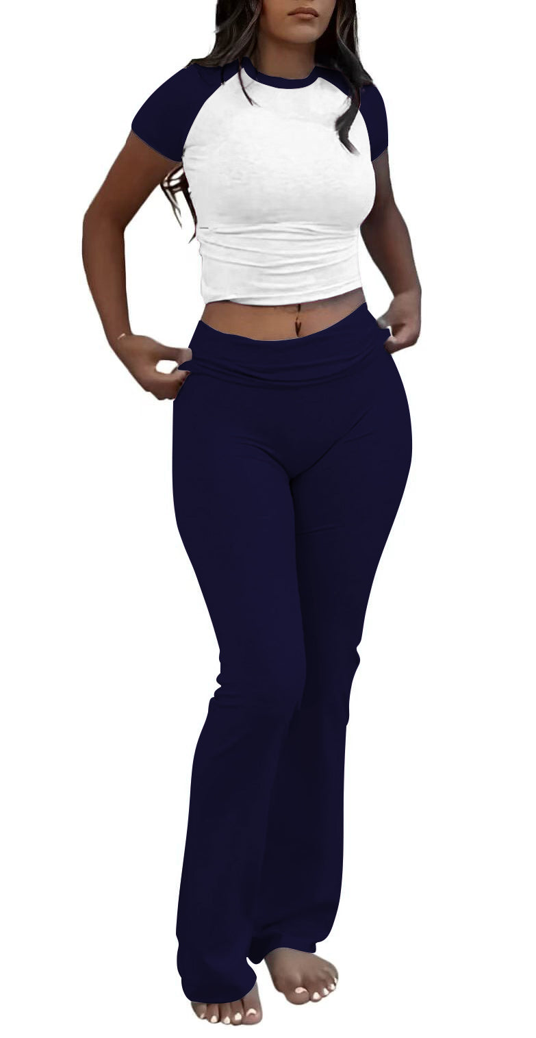 Casual Solid Color Slim Fit Two-piece Pants Set, Short Sleeved Round Neck T-shirt And Tight Flared Pants Sports Pants Clothing, Women's Clothing