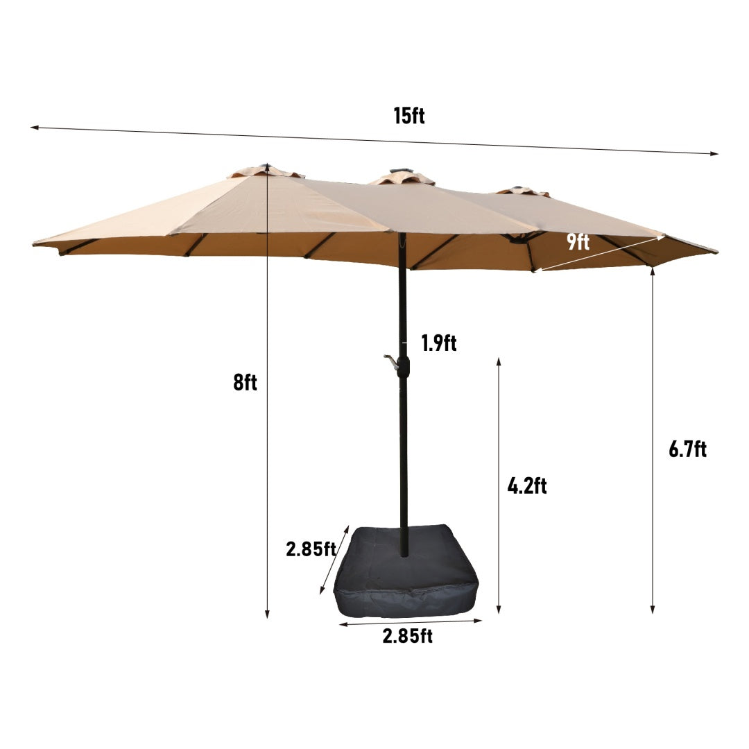 15x9ft Large Double-Sided Rectangular Outdoor Twin Patio Market Umbrella With Light And Base- Taupe