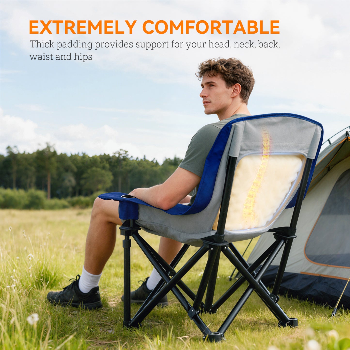 Camping Chair for Adults, Portable Folding Camping Chair with Side Pockets, Cup Holders, Carry Bag, Blue and Gray
