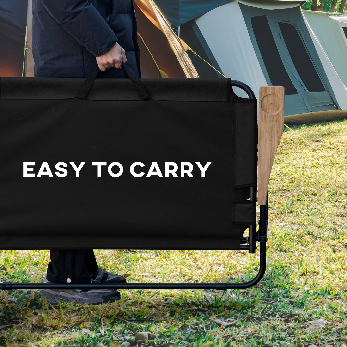 Double Folding Camping Chair, Loveseat for 2 Adults, Portable Camping Couch with Wood Armrest & Cupholders, for Backpacking, Beach, Sports Travel, Black