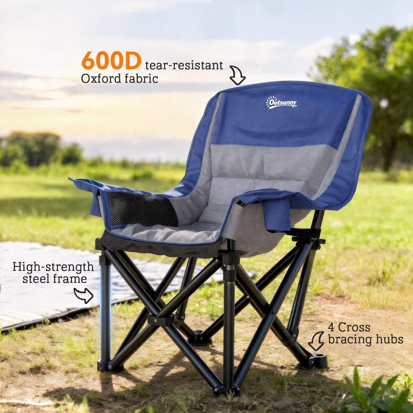 Camping Chair for Adults, Portable Folding Camping Chair with Side Pockets, Cup Holders, Carry Bag, Blue and Gray
