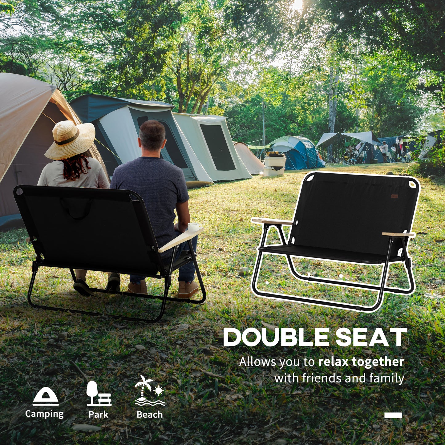 Double Folding Camping Chair, Loveseat for 2 Adults, Portable Camping Couch with Wood Armrest & Cupholders, for Backpacking, Beach, Sports Travel, Black