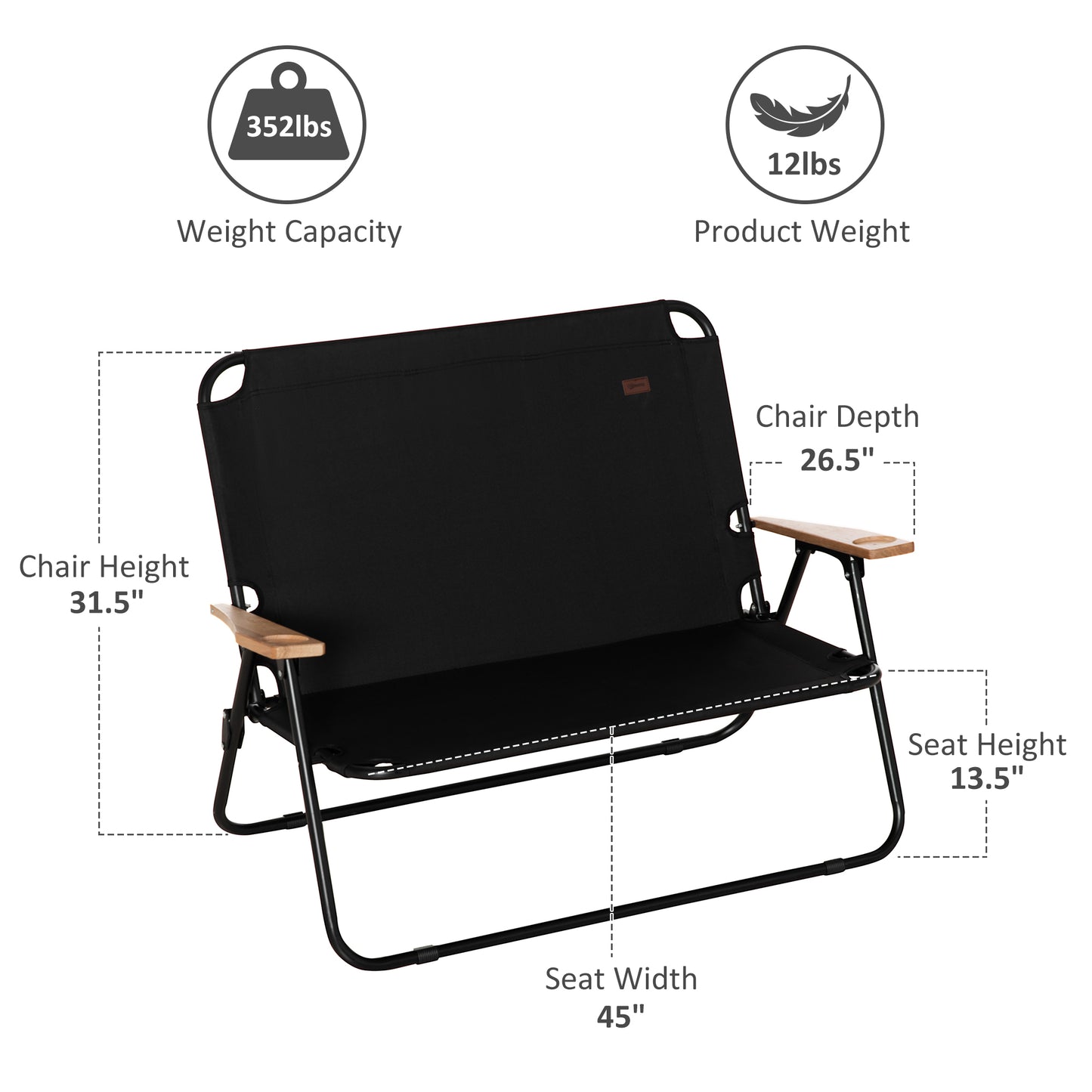 Double Folding Camping Chair, Loveseat for 2 Adults, Portable Camping Couch with Wood Armrest & Cupholders, for Backpacking, Beach, Sports Travel, Black