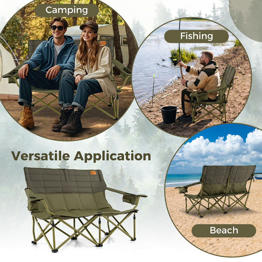Oversized Camping Chair Folding Loveseat Camping Couch With Cup Holders & Thick Padding