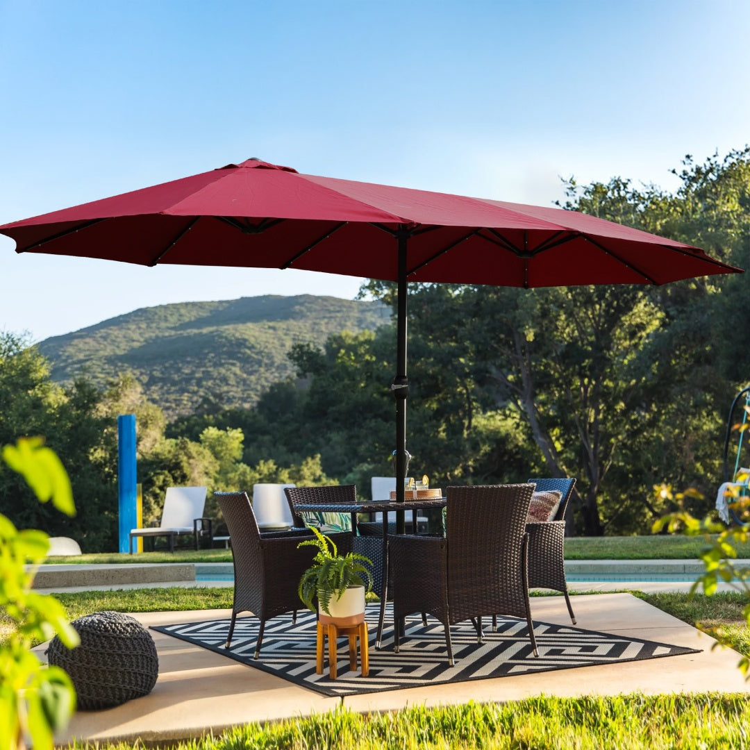 15x9ft Large Double-Sided Rectangular Outdoor Twin Patio Market Umbrella With Light And Base- Taupe